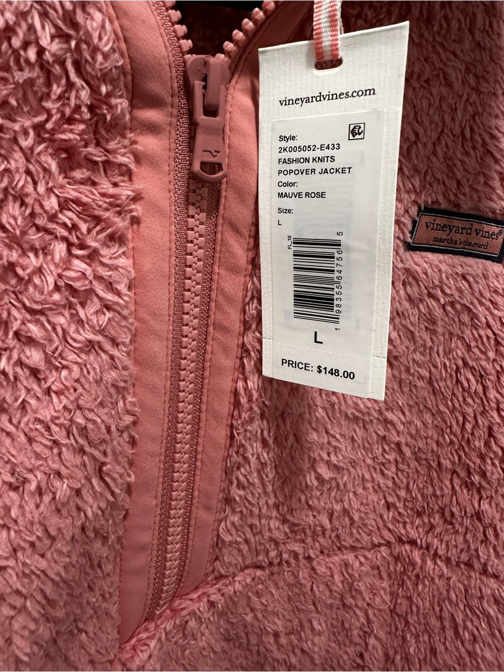 Vineyard Vines Martha’s Vineyard Mauve Rose Sherpa Fleece Popover Jacket Size L - Picture 7 of 8